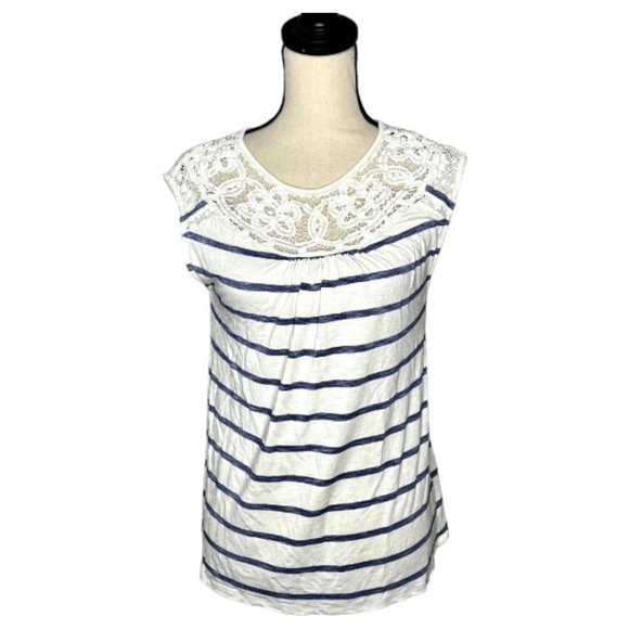 Skies Are Blue White Blue Stripe Sleeveless Lace Yoke Round Neck Top Size XS - Picture 6 of 6